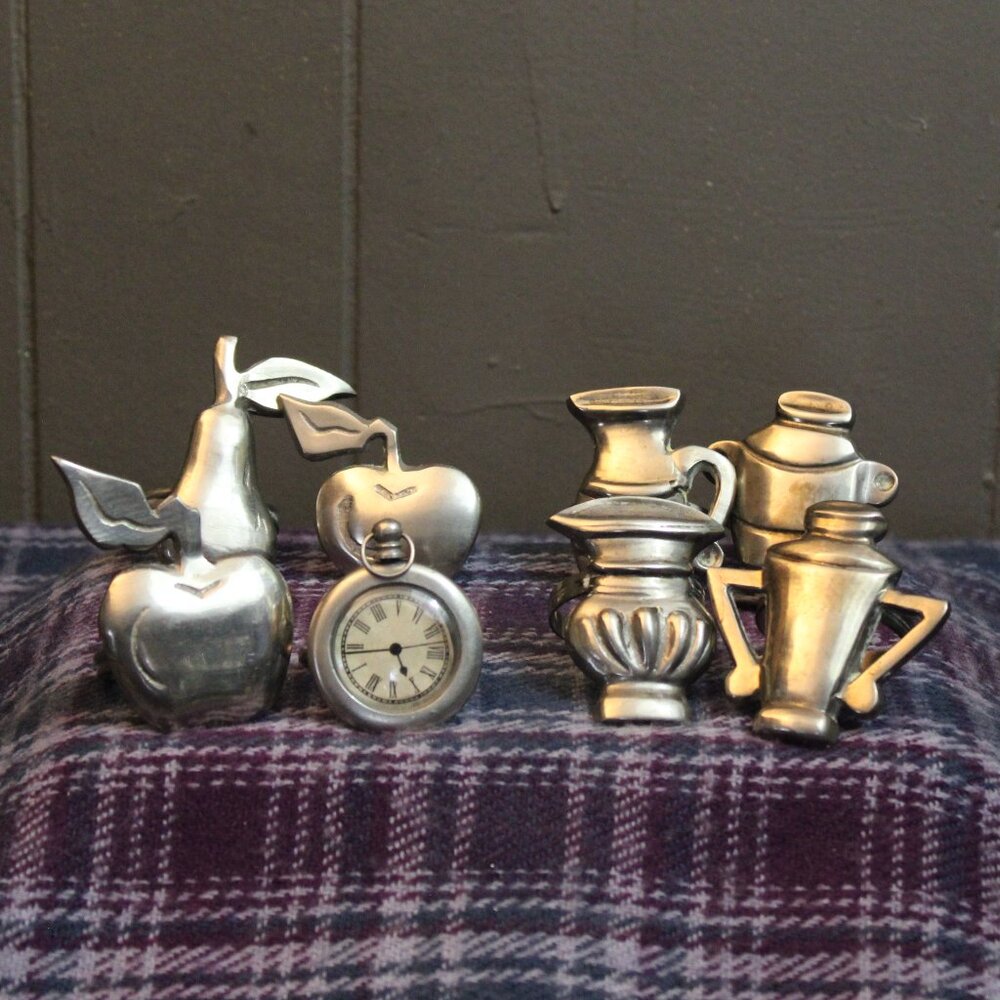 Pewter Napkin Rings Pocket Watch, Pots,  Vases,  Fruit Lot of 8